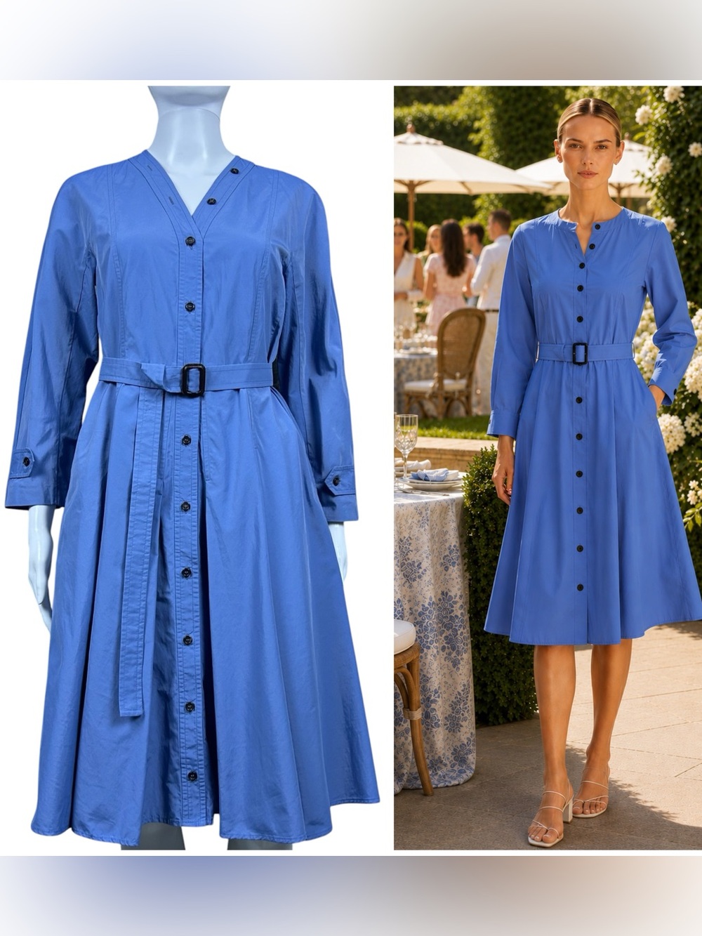 ’S MaxMara Belted Midi Shirt Dress Size 6 Blue Pockets Button Front Preppy - Picture 1 of 16